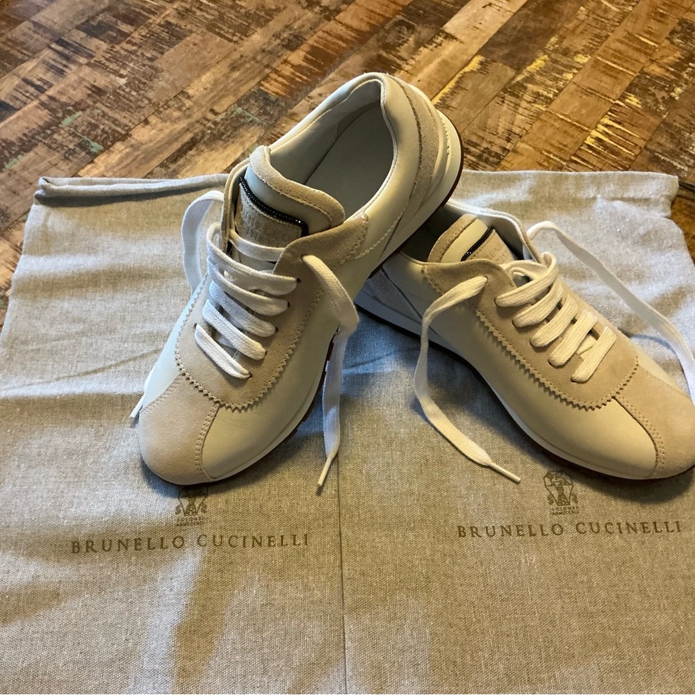Brunello Cucinelli White and Brown Sole Sneakers